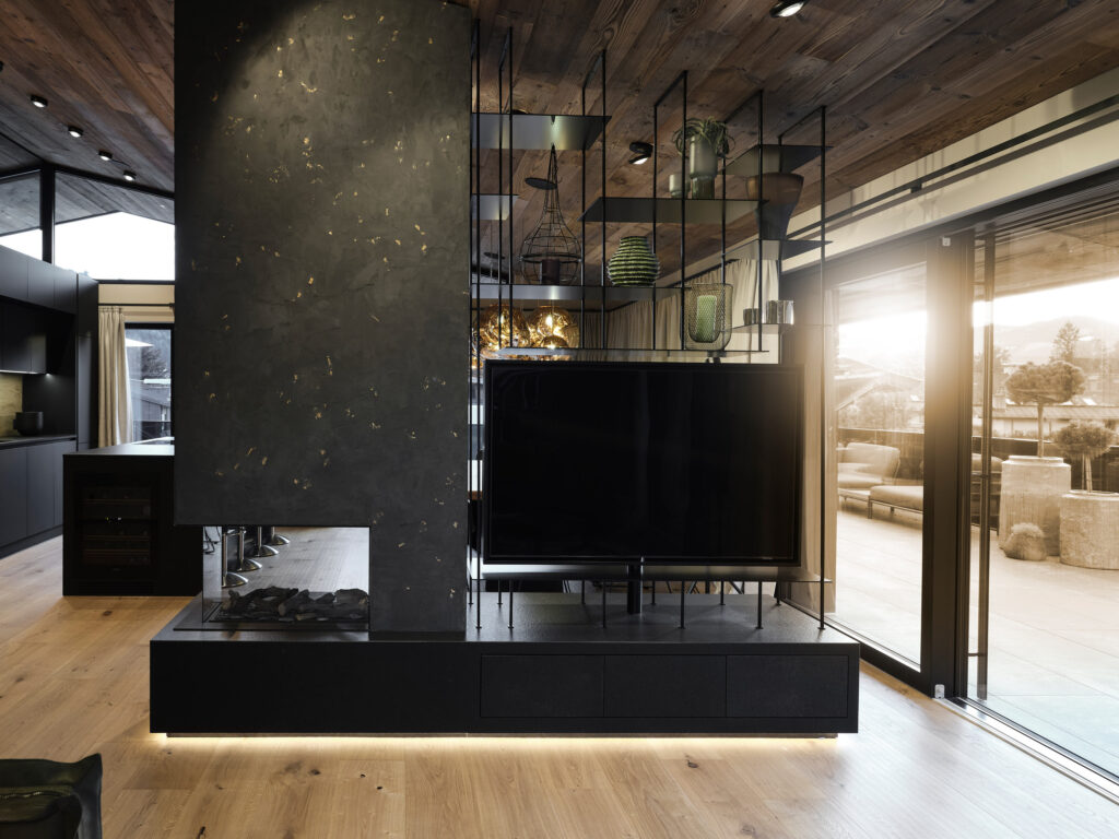 Wohnzimmer mit Flatscreen und großer Glasfront